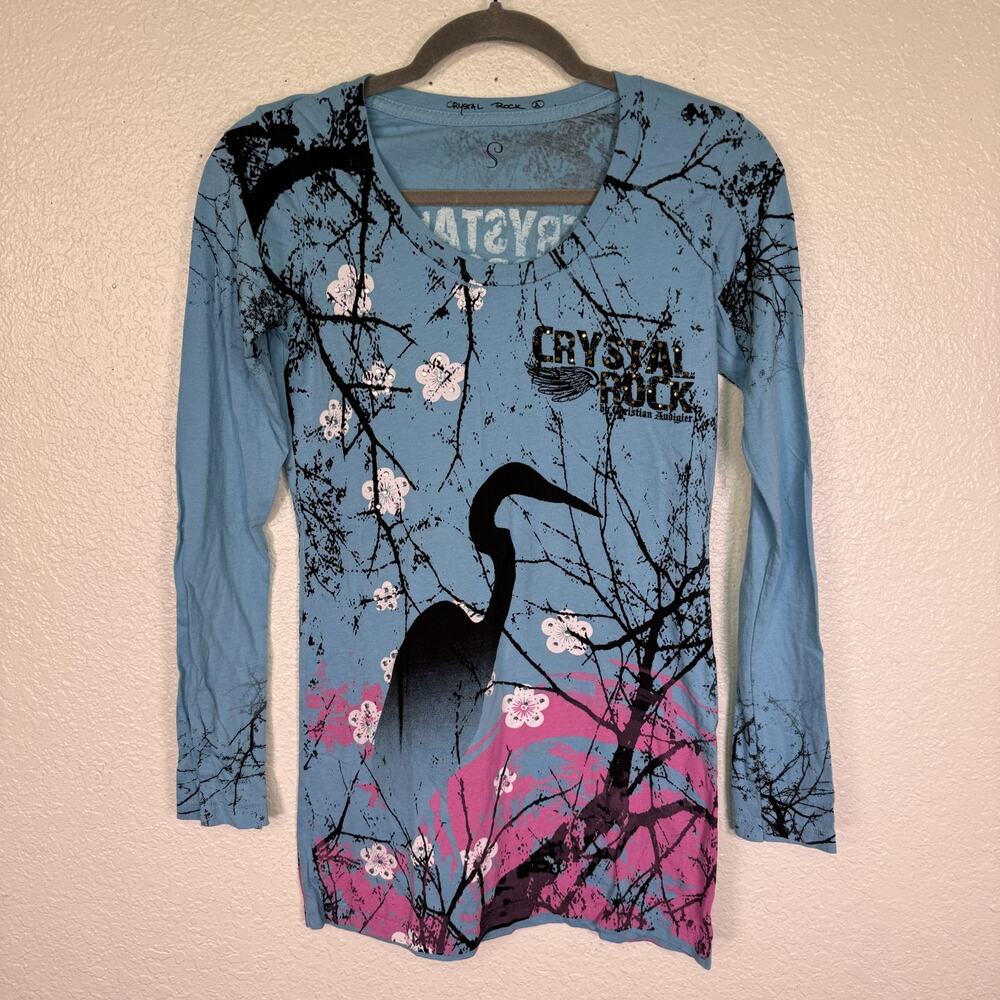 Christian Audigier Y2K Shirt Womens Small Crystal Rock Crane Blossom Tunic Tee